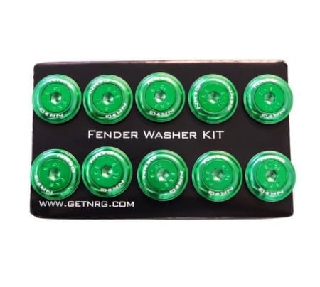 NRG Fender Washer Kit, Set of 10, Green with Color Matched Bolts, Rivets for Plastic