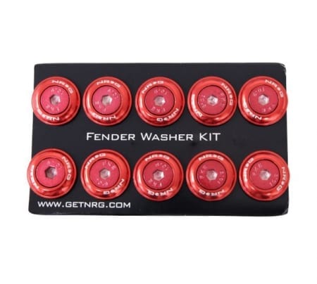 NRG Fender Washer Kit, Set of 10, Red with Color Matched Bolts, Rivets for Plastic