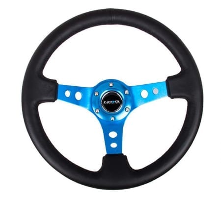 NRG Reinforced Steering Wheel – 350mm Sport Steering Wheel (3″ Deep) – Blue Spoke w/ Round holes / Black Leather