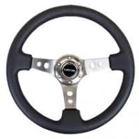 NRG Reinforced Steering Wheel – 350mm Sport Steering Wheel (3″ Deep) – Gun Metal Spoke w/ Round holes / Black Leather