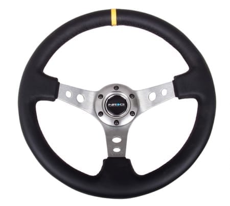 NRG Reinforced Steering Wheel – 350mm Sport Steering Wheel (3″ Deep) – Gun Metal Spoke w/ Round holes / Black Leather / Yellow Center Mark