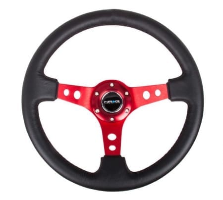 NRG Reinforced Steering Wheel – 350mm Sport Steering Wheel (3″ Deep) – Red Spoke w/ Round holes / Black Leather