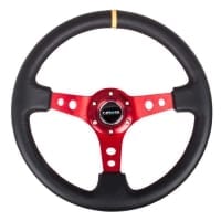NRG Reinforced Steering Wheel – 350mm Sport Steering Wheel (3″ Deep) – Red Spoke w/ Round holes / Black Leather / Yellow Center Mark