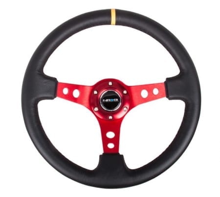 NRG Reinforced Steering Wheel – 350mm Sport Steering Wheel (3″ Deep) – Red Spoke w/ Round holes / Black Leather / Yellow Center Mark