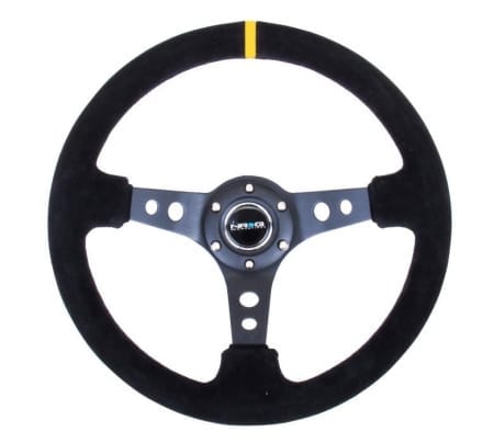 NRG Reinforced Steering Wheel – 350mm Sport Steering Wheel (3″ Deep) – Suede Black Stitch w/ Yellow Center Mark