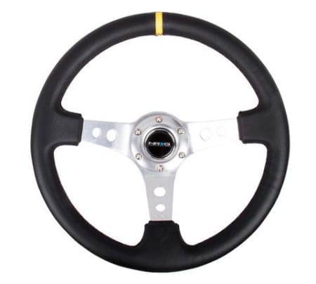 NRG Reinforced Steering Wheel – 350mm Sport Steering Wheel (3″ Deep) – SILVER Spoke w/ Round holes / Black Leather / Yellow Center Mark