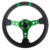 NRG Reinforced Steering Wheel- 350mm Leather Sport Steering Wheel (3″ Deep) Green Spoke w/ Green Double Center Marking
