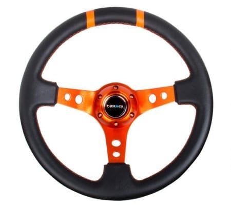 NRG Reinforced Steering Wheel – 350mm Leather Sport Steering Wheel (3″ Deep) Orange w/ Orange Double Center Marking