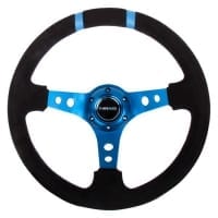 NRG Reinforced Steering Wheel- 350mm Suede Sport Steering Wheel (3″ Deep) Blue w/ Blue Double Center Marking