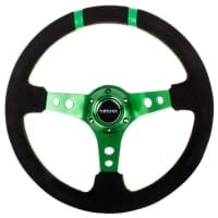 NRG Reinforced Steering Wheel- 350mm Suede Sport Steering Wheel (3″ Deep) Green Spoke w/ Green Double Center Marking