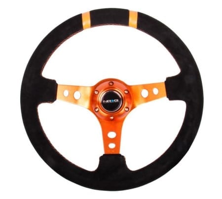 NRG RACE STYLE- 350mm Suede Sport Steering Wheel (3″ Deep) Orange w/ Orange Double Center Marking