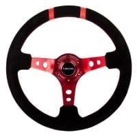 NRG RACE STYLE- 350mm Suede Sport Steering Wheel (3″ Deep) Red w/ Red Double Center Marking