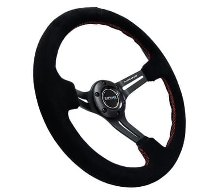 NRG REINFORCED 350mm Sport Steering Wheel SUEDE (3″ Deep) Black Suede with Red Stitch