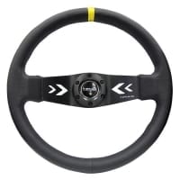 NRG Reinforced Steering Wheel NRG Arrow cut out two spoke 350mm Sport Stereing Wheel Leather (3″ Deep) Black Suede, yellow Center Marking, NRG Arrow cut out two spoke