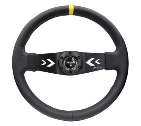 NRG Reinforced Steering Wheel NRG Arrow cut out two spoke 350mm Sport Stereing Wheel Leather (3″ Deep) Black Suede, yellow Center Marking, NRG Arrow cut out two spoke