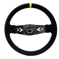 NRG Reinforced Steering Wheel NRG Arrow cut out two spoke 350mm Sport Stereing Wheel Suede (3″ Deep) Black Suede, yellow Center Marking,