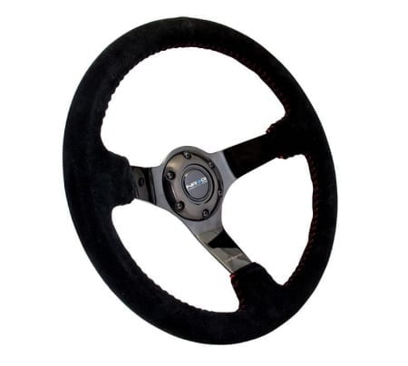 NRG RACE STYLE – 350mm sport steering wheel blk Suede w/ red baseball stitching – BLACK spoke