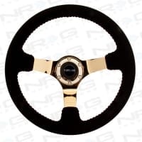 NRG RACE STYLE – 350mm sport steering wheel blk Suede w/ red baseball stitching – CHROME GOLD spoke