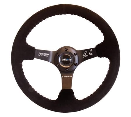 NRG Reinforced Steering Wheel-Odi signature RACE STYLE – 350mm sport steering wheel (3′ deep) black Suede w/ Black baseball stitching – Matte Black spoke