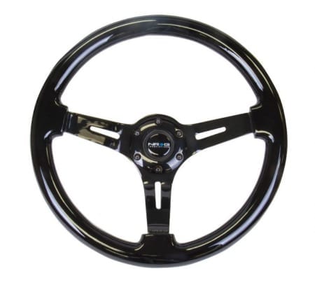 NRG Reinforced Classic Black Wood Grain Wheel (3″ Deep, 4mm spoke), 350mm, 3 spoke center in Black Chrome