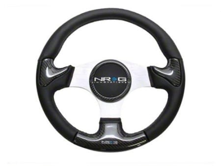 NRG CARBON FIBER STEERING WHEEL 350mm SILVER frame blk stitching w/ RUBBER COVER HORN BUTTON