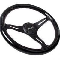 NRG Classic Wood Grain Wheel – 350mm 3 Black spokes – Black Paint Grip