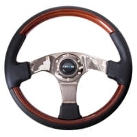 NRG Classic Wood Grain Wheel, 350mm, 3 spoke center in black, Leather wheel with wood accents