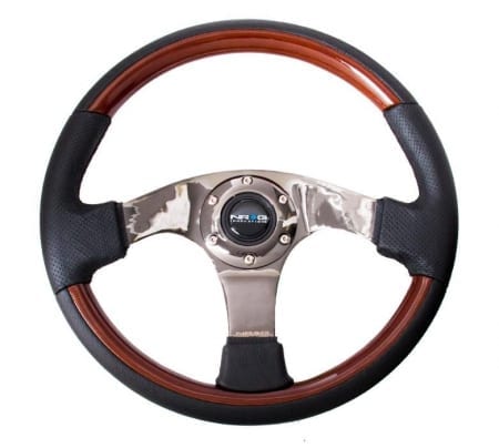 NRG Classic Wood Grain Wheel, 350mm, 3 spoke center in black, Leather wheel with wood accents