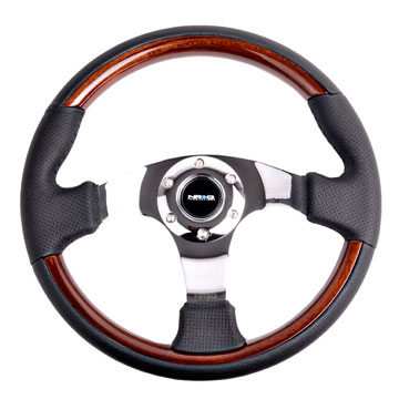 NRG Classic Wood Grain Wheel, 350mm, 3 spoke center in chrome, Leather wheel with wood accents