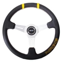 NRG 360mm Sport Steering wheel – Black leather w/ White stitching. Double yellow Center Marking, yellow stitched NRG logo