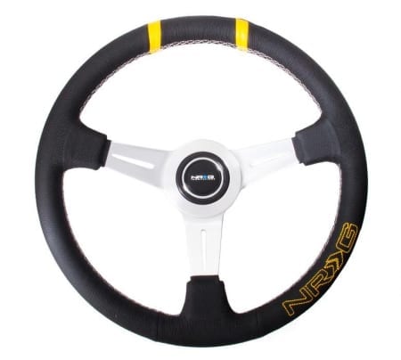 NRG 360mm Sport Steering wheel – Black leather w/ White stitching. Double yellow Center Marking, yellow stitched NRG logo