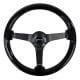 NRG Black Leather Steering Wheel (3″ Deep), 350mm, 3 spoke center in Neochrome w/ Green Stitch