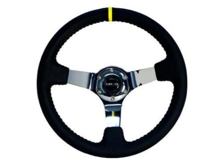 NRG 350mm Sport Steering wheel (3″ Deep) – Black Leather w/ Red Stitching – Chrome Center