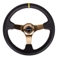NRG 350mm Sport wheel – Black Leather, Red Baseball Stitch, Gold spoke – Yellow Stripe