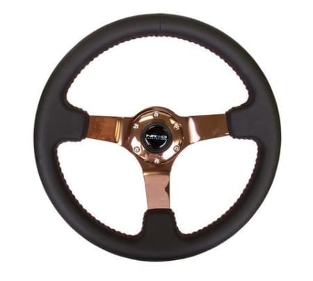 NRG 350mm Sport wheel – Black Leather, Red Baseball Stitch, Rose Gold spoke