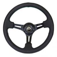 NRG Black Leather Steering Wheel (3″ Deep), 350mm, 3 spoke center in Black w/ Green Stitch