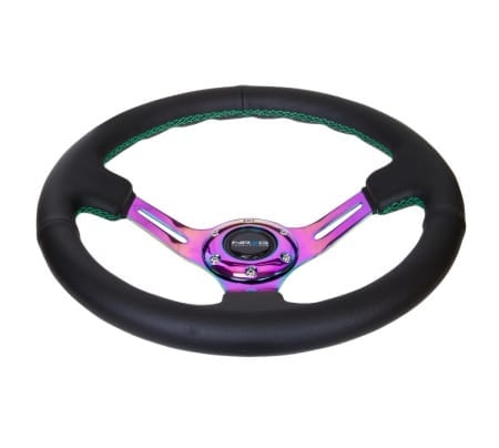 NRG Black Leather Steering Wheel (3″ Deep), 350mm, 3 spoke center in Neochrome w/ Green Stitch