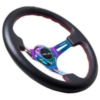 NRG Black Leather Steering Wheel (3in Deep), 350mm, 3 Spoke Center in Neochrome W/ Red stitch