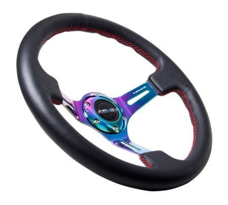 NRG Black Suede Steering Wheel (3″ Deep), 350mm, 3 spoke center in Neochrome w/ Red Stitch