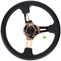 NRG Black Suede Steering Wheel (3″ Deep), 350mm, 3 spoke center in Rose Gold w/ Green Stitch