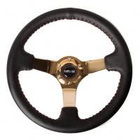 NRG Reinforced Steering Wheel – (3″ Deep, 4mm ) 350mm Sport wheel – Black Leather, Red Baseball Stitch, Gold spoke