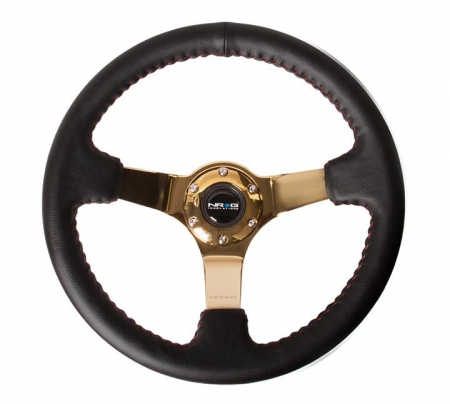 NRG Reinforced Steering Wheel – (3″ Deep, 4mm ) 350mm Sport wheel – Black Leather, Red Baseball Stitch, Gold spoke