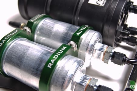 Radium Engineering 2-Piece Dual Fuel Filter / Pump Clamp For Bosch 044 – Green W/ Logo