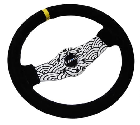 NRG Reinforced Steering Wheel (310mm / 1.75in. Deep) Blk Suede w/Japanese Wave Dipped & Yellow CM