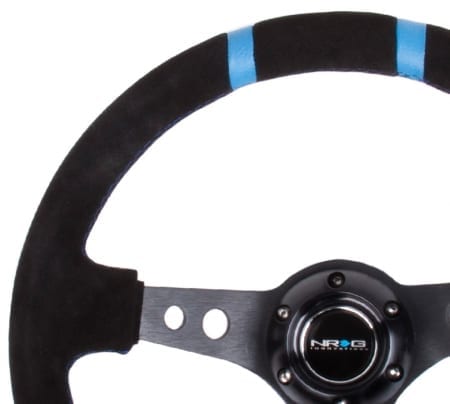 NRG RACE STYLE- 350mm Suede Sport Steering Wheel (3″ Deep) Black w/ Blue Double Center Marking