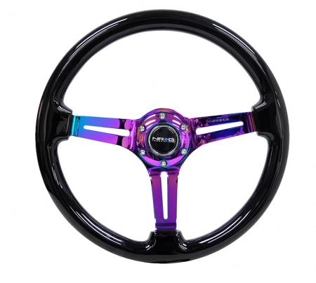 NRG Reinforced Steering Wheel (350mm / 3in Deep) Classic Blk Wood Grain w/Neochrome 3 Split Spoke Center