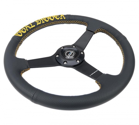 NRG Sport Steering Wheel (350mm / 1.5in Deep) Black Leather/Gold Stitch w/Matte Black Solid Spokes