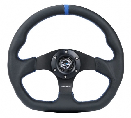 NRG Reinforced Steering Wheel (320mm) Sport Leather Flat Bottom w/ Blue Center/ Blue Stitching