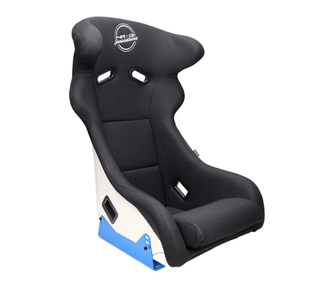 NRG FRP Bucket Seat – White Finish with Arrow Embroidery And Blue Side Mount Bracket | FRP-600WT