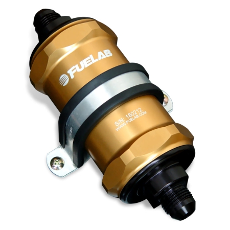 Fuelab 818 In-Line Fuel Filter Standard -6AN In/-8AN Out 40 Micron Stainless – Gold